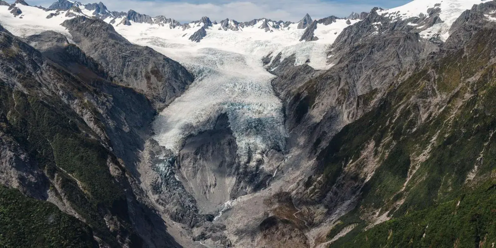 Aerial view up the glacier valley